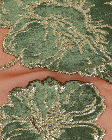 Peach and Green Traditional Somali Silk Chiffon Velvet Makmal Dirac Fabric, 140 Cms Width, 3.5 Mtrs Piece, Made in South Korea-D26166