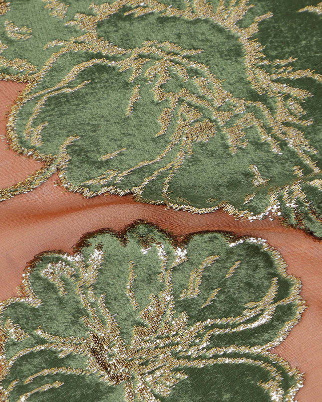 Peach and Green Traditional Somali Silk Chiffon Velvet Makmal Dirac Fabric, 140 Cms Width, 3.5 Mtrs Piece, Made in South Korea-D26166