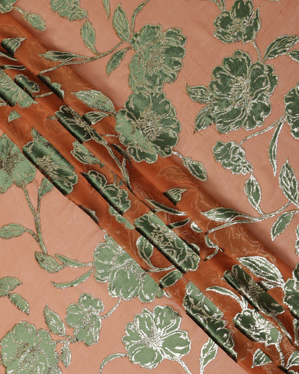 Peach and Green Traditional Somali Silk Chiffon Velvet Makmal Dirac Fabric, 140 Cms Width, 3.5 Mtrs Piece, Made in South Korea-D26166