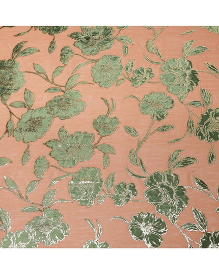 Peach and Green Traditional Somali Silk Chiffon Velvet Makmal Dirac Fabric, 140 Cms Width, 3.5 Mtrs Piece, Made in South Korea-D26166