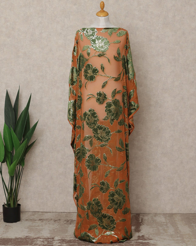 Peach and Green Traditional Somali Silk Chiffon Velvet Makmal Dirac Fabric, 140 Cms Width, 3.5 Mtrs Piece, Made in South Korea-D26166