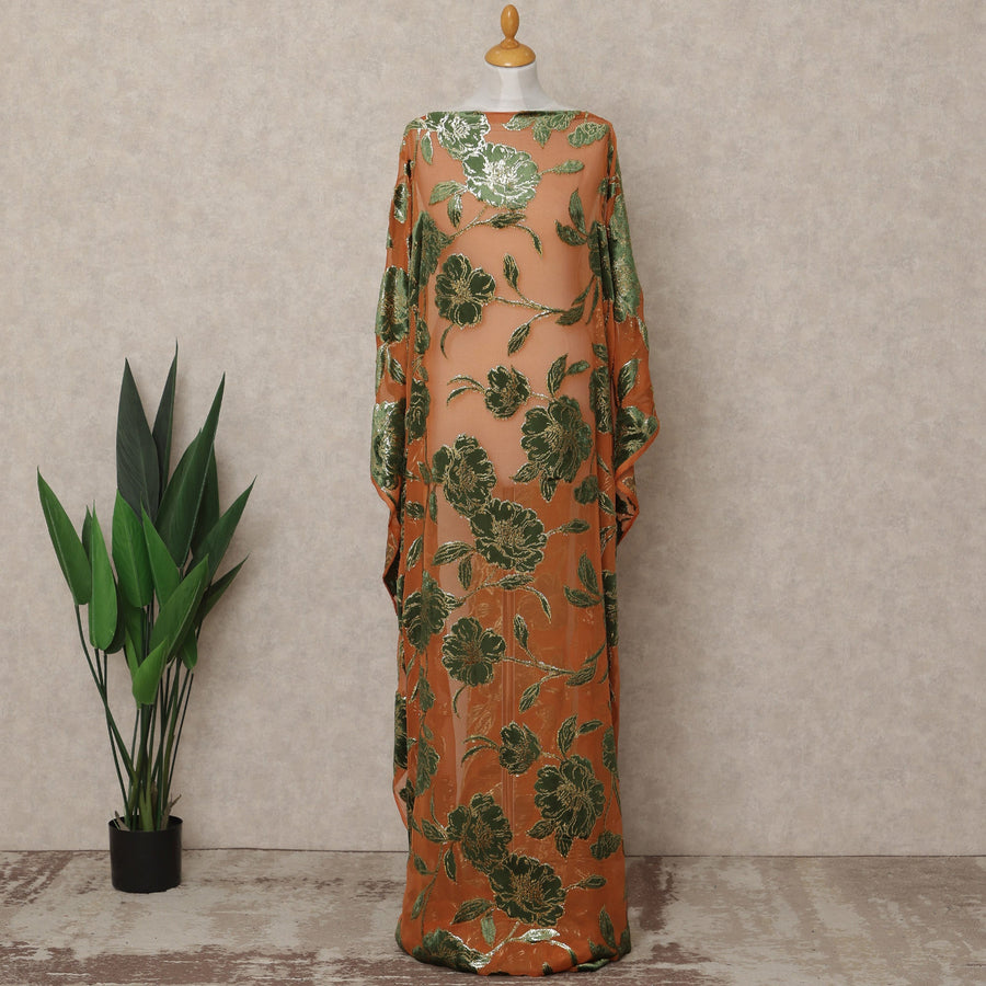 Peach and Green Traditional Somali Silk Chiffon Velvet Makmal Dirac Fabric, 140 Cms Width, 3.5 Mtrs Piece, Made in South Korea-D26166