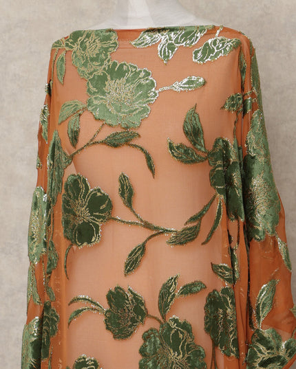 Peach and Green Traditional Somali Silk Chiffon Velvet Makmal Dirac Fabric, 140 Cms Width, 3.5 Mtrs Piece, Made in South Korea-D26166