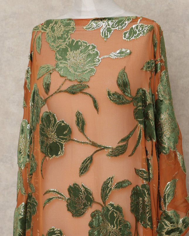 Peach and Green Traditional Somali Silk Chiffon Velvet Makmal Dirac Fabric, 140 Cms Width, 3.5 Mtrs Piece, Made in South Korea-D26166