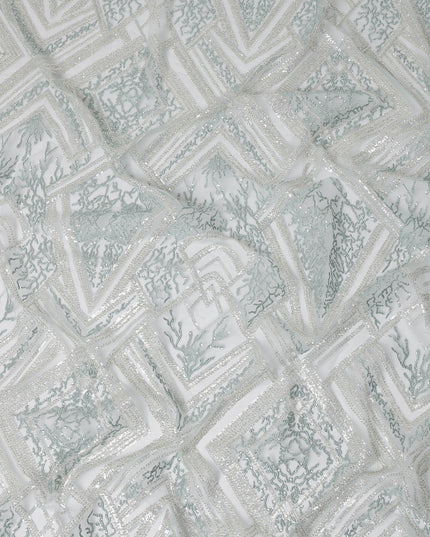 Mint Blue Geometric Embroidered Nylon Tulle Fabric with Sequins, 140 cm Width, Made in India-D26627