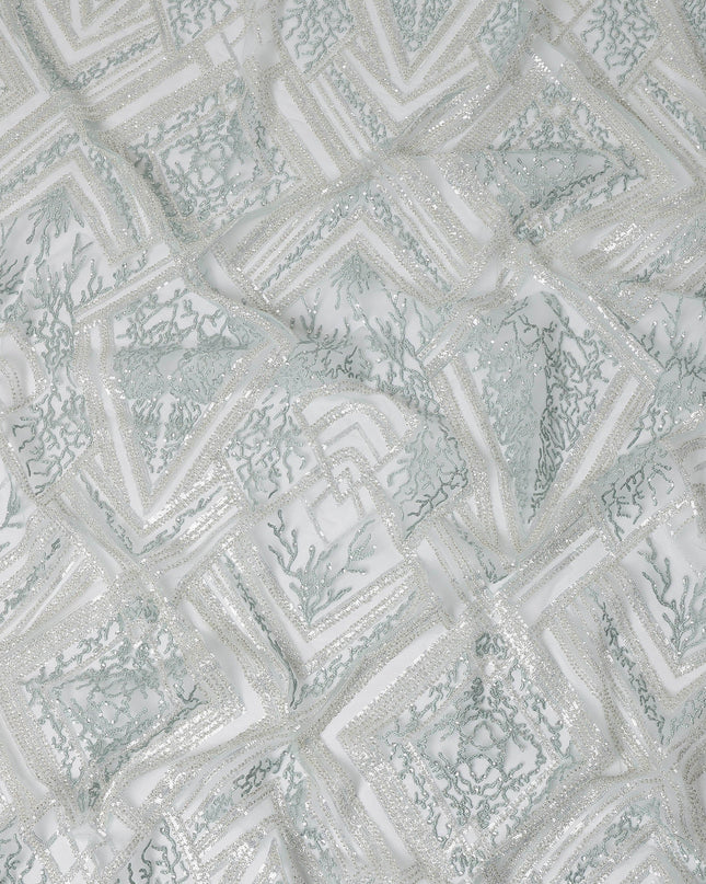 Mint Blue Geometric Embroidered Nylon Tulle Fabric with Sequins, 140 cm Width, Made in India-D26627