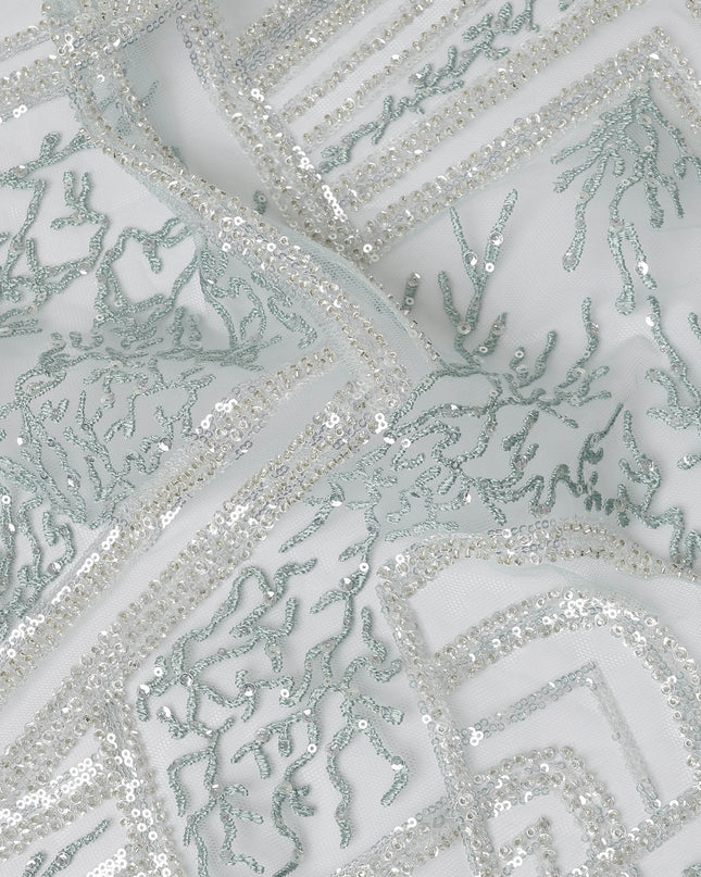 Mint Blue Geometric Embroidered Nylon Tulle Fabric with Sequins, 140 cm Width, Made in India-D26627