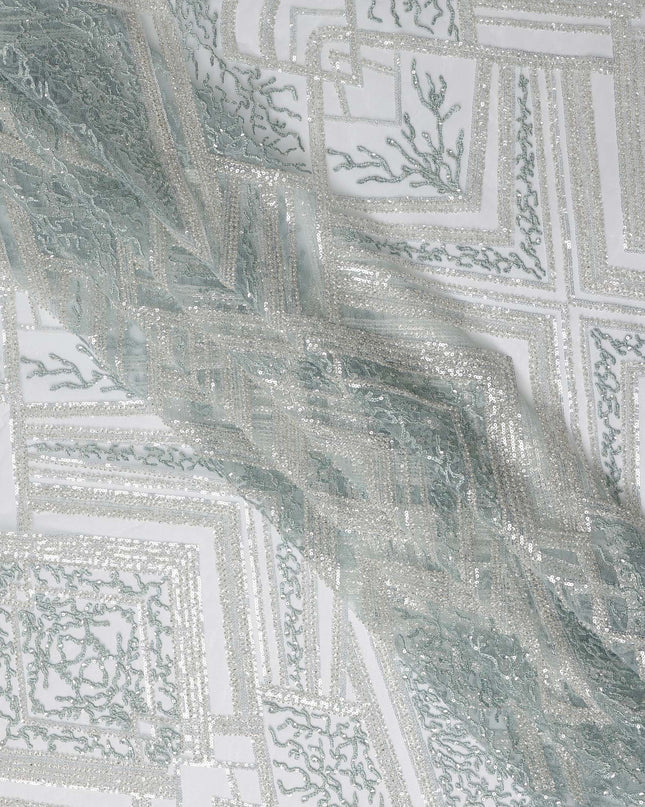 Mint Blue Geometric Embroidered Nylon Tulle Fabric with Sequins, 140 cm Width, Made in India-D26627
