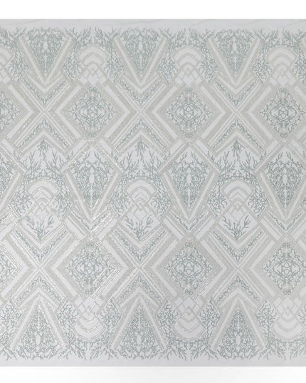 Mint Blue Geometric Embroidered Nylon Tulle Fabric with Sequins, 140 cm Width, Made in India-D26627