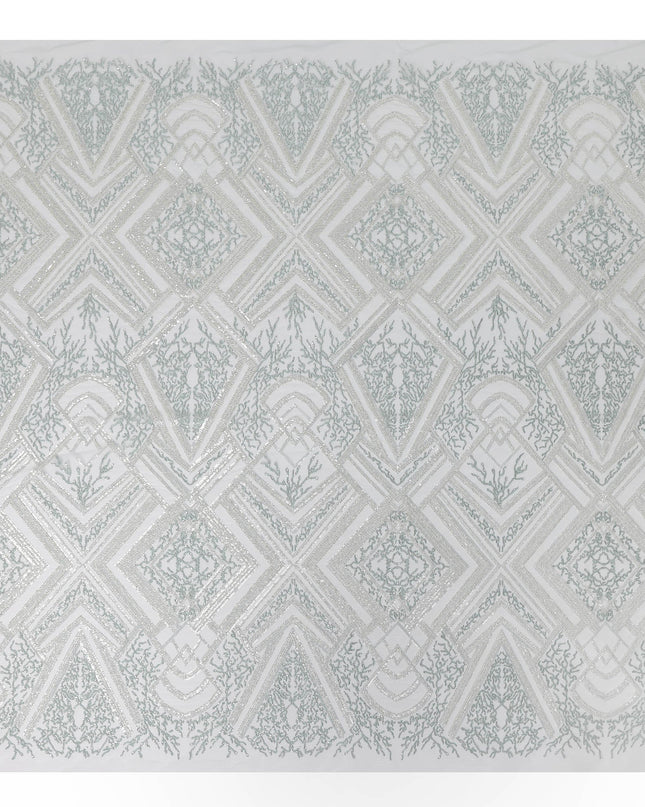 Mint Blue Geometric Embroidered Nylon Tulle Fabric with Sequins, 140 cm Width, Made in India-D26627