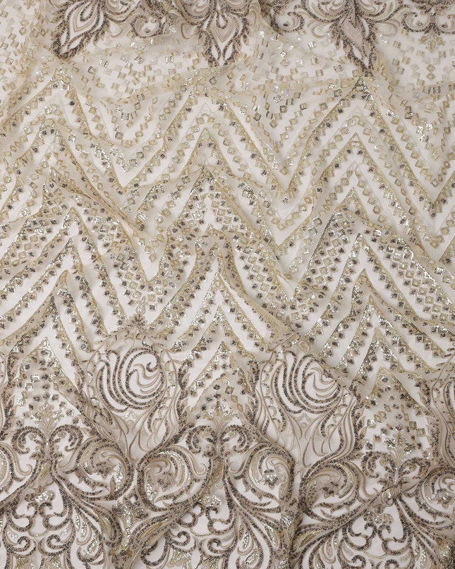 Gold Multi-Pattern Sequin Embroidered Nylon Tulle Fabric with Geometric & Paisley Design, 140 cm Width, Made in Taiwan-D26628