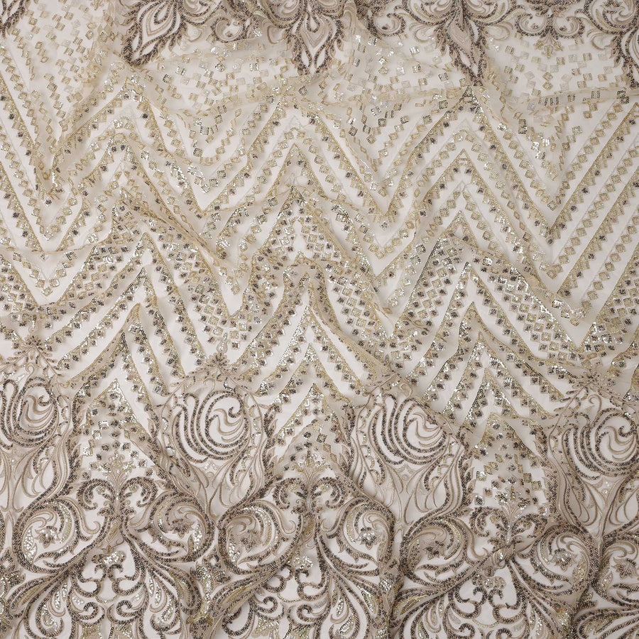 Gold Multi-Pattern Sequin Embroidered Nylon Tulle Fabric with Geometric & Paisley Design, 140 cm Width, Made in Taiwan-D26628