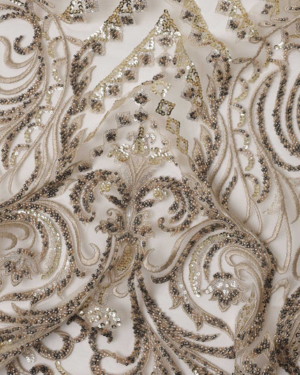 Gold Multi-Pattern Sequin Embroidered Nylon Tulle Fabric with Geometric & Paisley Design, 140 cm Width, Made in Taiwan-D26628