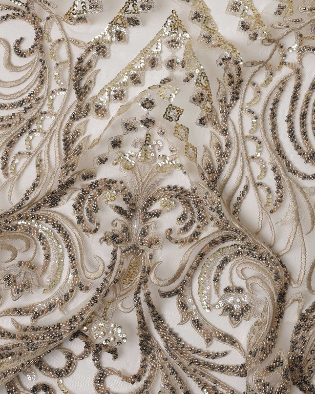 Gold Multi-Pattern Sequin Embroidered Nylon Tulle Fabric with Geometric & Paisley Design, 140 cm Width, Made in Taiwan-D26628