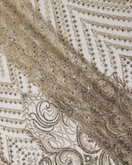 Gold Multi-Pattern Sequin Embroidered Nylon Tulle Fabric with Geometric & Paisley Design, 140 cm Width, Made in Taiwan-D26628