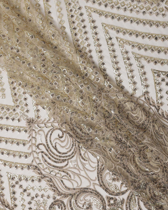 Gold Multi-Pattern Sequin Embroidered Nylon Tulle Fabric with Geometric & Paisley Design, 140 cm Width, Made in Taiwan-D26628