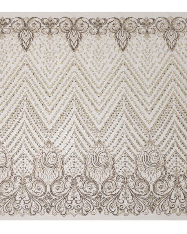 Gold Multi-Pattern Sequin Embroidered Nylon Tulle Fabric with Geometric & Paisley Design, 140 cm Width, Made in Taiwan-D26628