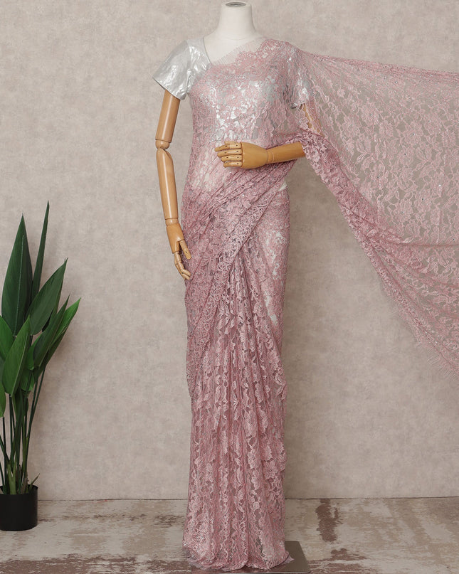 Dusty Pink Premium French 2-Tone Chantilly Lace Saree with Stone Work, Width 110 Cms, Length 5.5 Mtrs, Imported from France-D25672