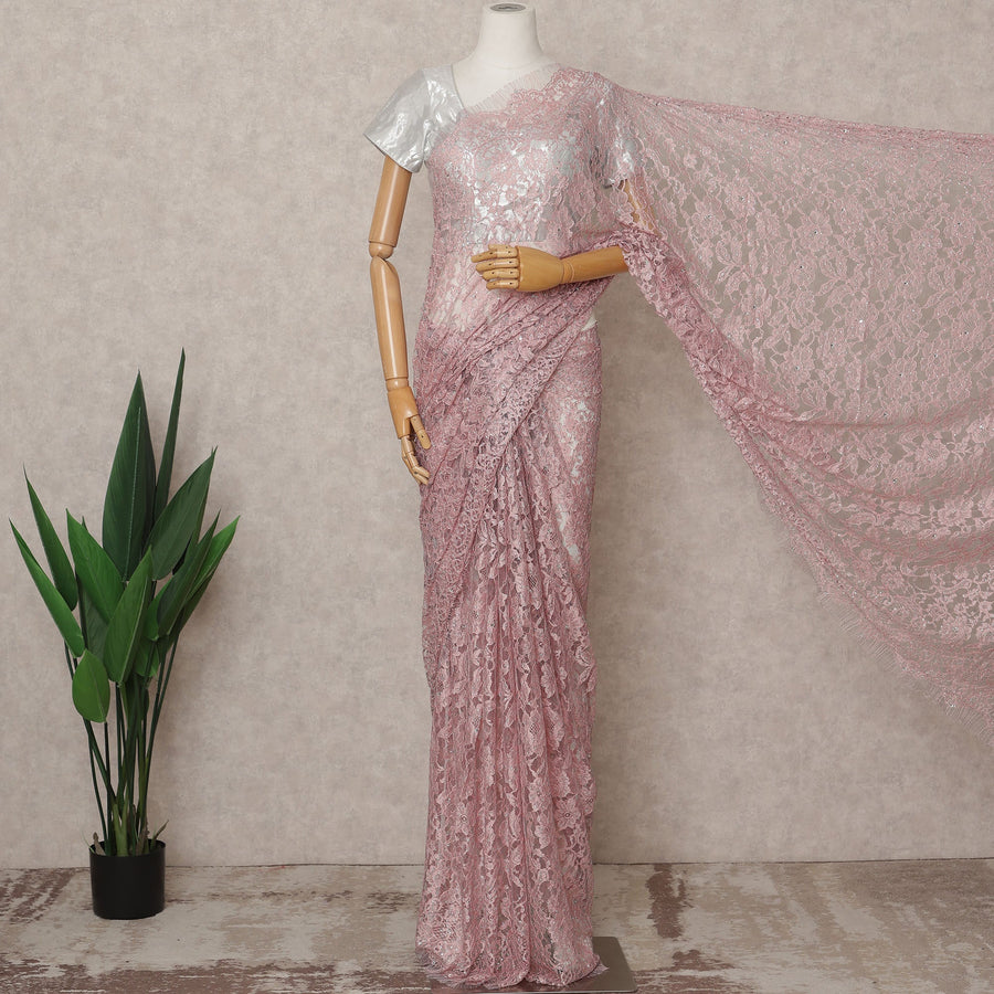 Dusty Pink Premium French 2-Tone Chantilly Lace Saree with Stone Work, Width 110 Cms, Length 5.5 Mtrs, Imported from France-D25672