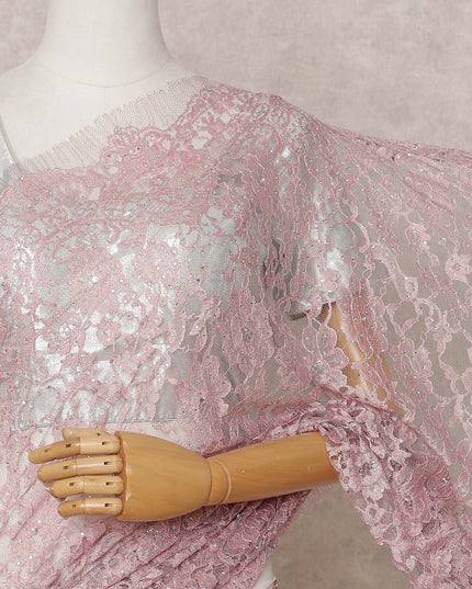 Dusty Pink Premium French 2-Tone Chantilly Lace Saree with Stone Work, Width 110 Cms, Length 5.5 Mtrs, Imported from France-D25672