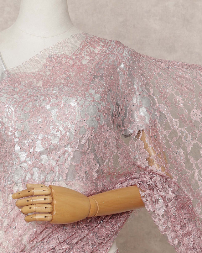 Dusty Pink Premium French 2-Tone Chantilly Lace Saree with Stone Work, Width 110 Cms, Length 5.5 Mtrs, Imported from France-D25672