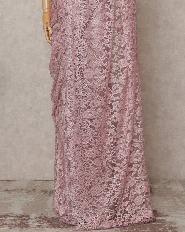Dusty Pink Premium French 2-Tone Chantilly Lace Saree with Stone Work, Width 110 Cms, Length 5.5 Mtrs, Imported from France-D25672
