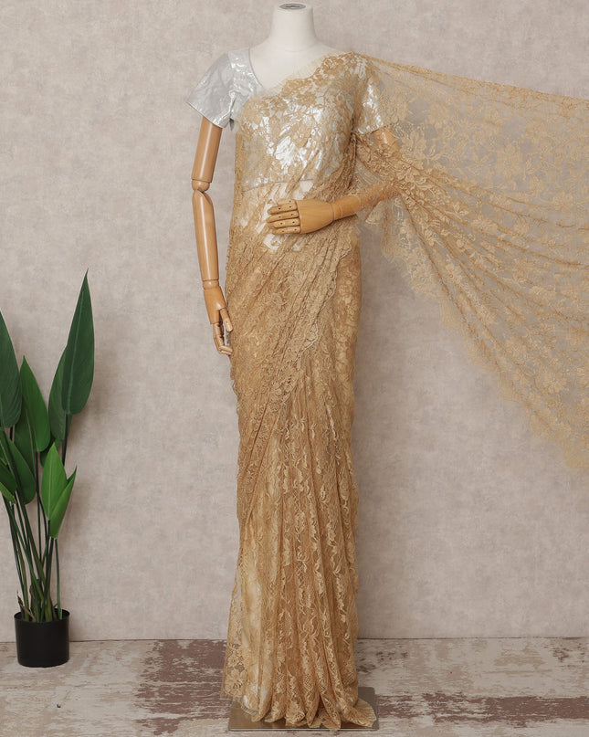 Golden Beige Premium French 2-Tone Chantilly Lace Saree, 5.5 Mtrs with 110 Cms Width, Imported from France-D25429 Regal Fabrics