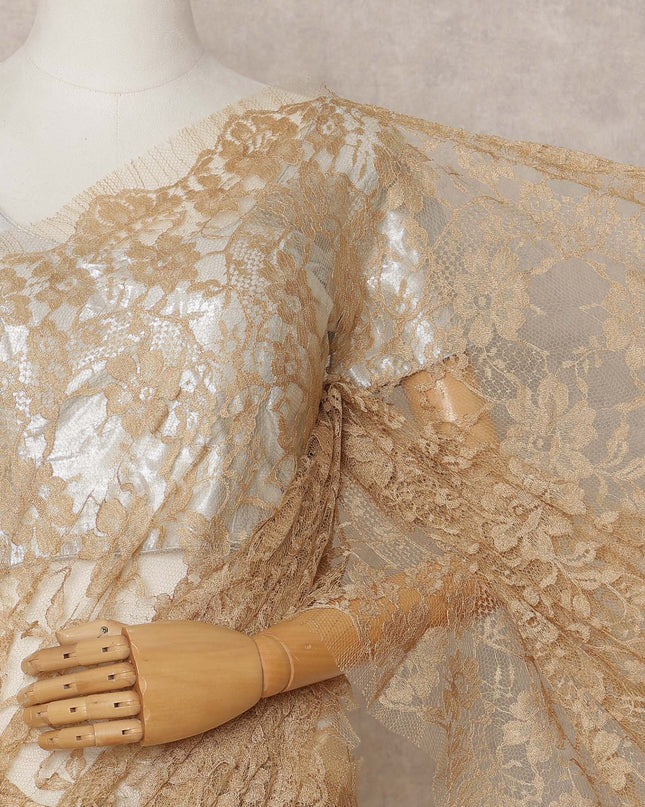 Golden Beige Premium French 2-Tone Chantilly Lace Saree, 5.5 Mtrs with 110 Cms Width, Imported from France-D25429 Regal Fabrics