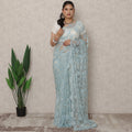 Powder Blue Premium French Chantilly Saree Lace With Stone Work 5.5 Mtrs Length 110 Cms Width Designer Net Fabric Made In France, Blouse Not Included-D28134