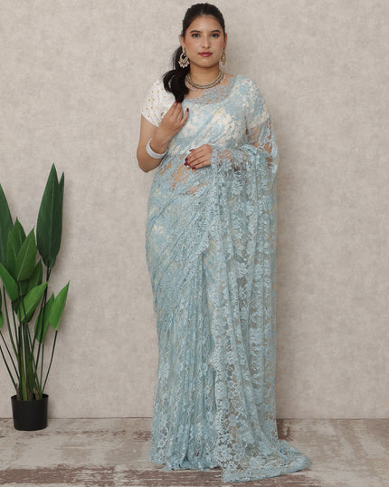 Powder Blue Premium French Chantilly Saree Lace With Stone Work 5.5 Mtrs Length 110 Cms Width Designer Net Fabric Made In France, Blouse Not Included-D28134