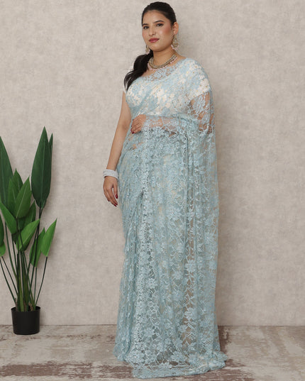 Powder Blue Premium French Chantilly Lace Saree with Stone Work, 5.5 Mtrs Length, 110 Cms Width, Made in France-D24434