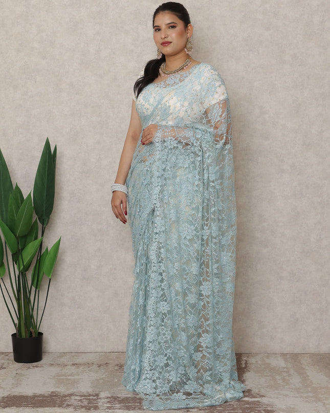 Powder Blue Premium French Chantilly Lace Saree with Stone Work, 5.5 Mtrs Length, 110 Cms Width, Made in France-D24434