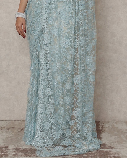 Powder Blue Premium French Chantilly Lace Saree with Stone Work, 5.5 Mtrs Length, 110 Cms Width, Made in France-D24434