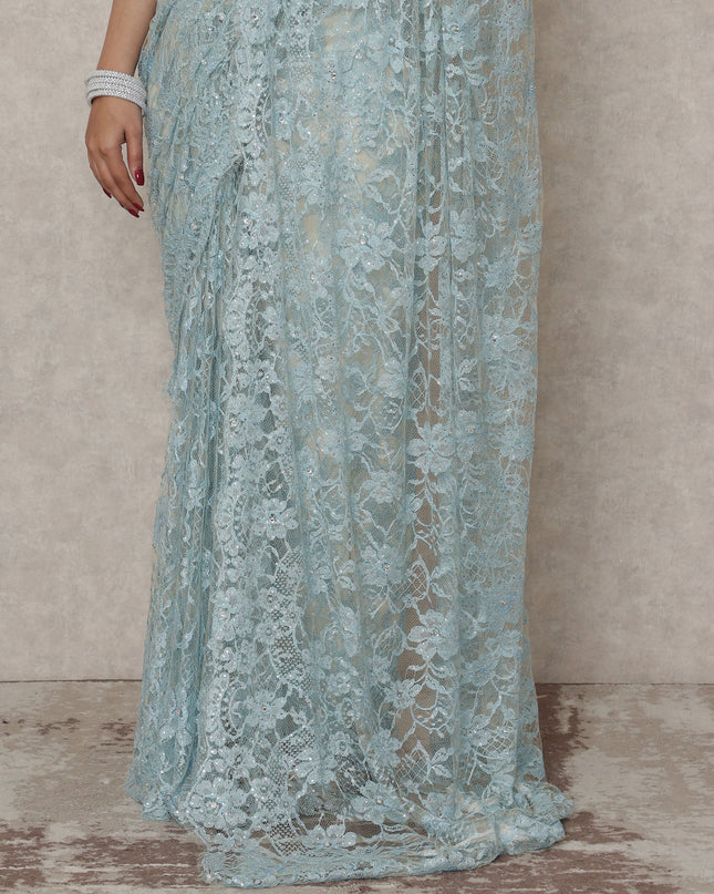 Powder Blue Premium French Chantilly Lace Saree with Stone Work, 5.5 Mtrs Length, 110 Cms Width, Made in France-D24434