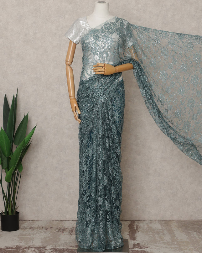 Sea Blue Premium French 2Tone Chantilly Lace Saree Fabric with Stone Work – 5.5 Meters Length, 110 Cms Width, Imported from France-D25728