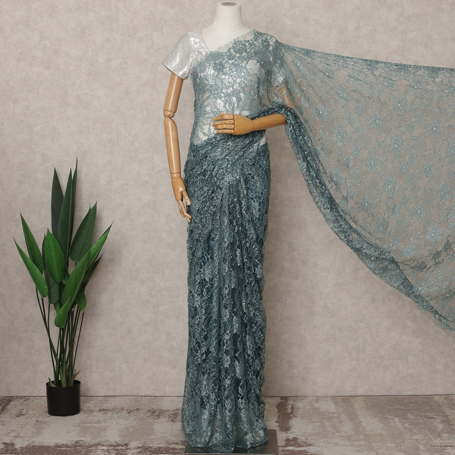 Sea Blue Premium French 2Tone Chantilly Lace Saree Fabric with Stone Work – 5.5 Meters Length, 110 Cms Width, Imported from France-D25728