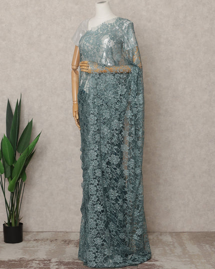 Sea Blue Premium French 2Tone Chantilly Lace Saree Fabric with Stone Work – 5.5 Meters Length, 110 Cms Width, Imported from France-D25728