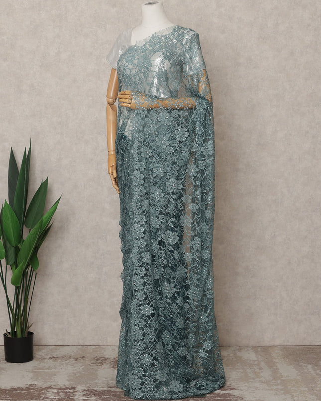 Sea Blue Premium French 2Tone Chantilly Lace Saree Fabric with Stone Work – 5.5 Meters Length, 110 Cms Width, Imported from France-D25728