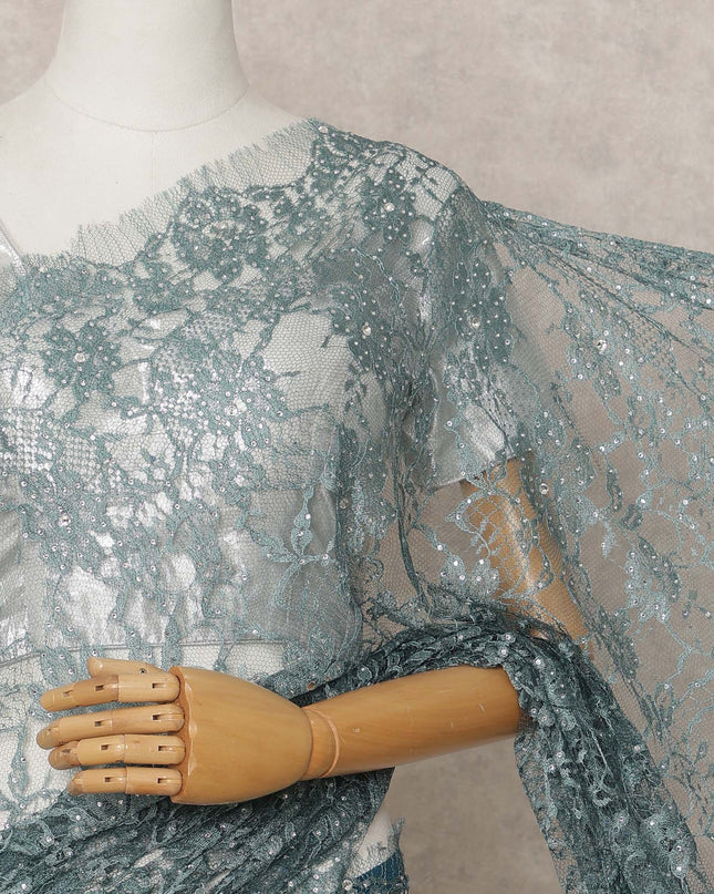 Sea Blue Premium French 2Tone Chantilly Lace Saree Fabric with Stone Work – 5.5 Meters Length, 110 Cms Width, Imported from France-D25728