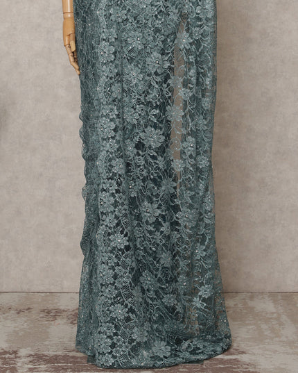 Sea Blue Premium French 2Tone Chantilly Lace Saree Fabric with Stone Work – 5.5 Meters Length, 110 Cms Width, Imported from France-D25728