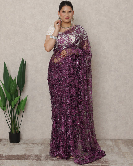 Deep Plum Premium French Chantilly Lace Saree with Stone Work, 5.5 Mtrs Length, 110 Cms Width, Made in France-D24432