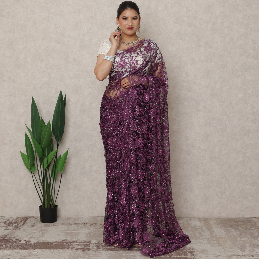Deep Plum Premium French Chantilly Lace Saree with Stone Work, 5.5 Mtrs Length, 110 Cms Width, Made in France-D24432