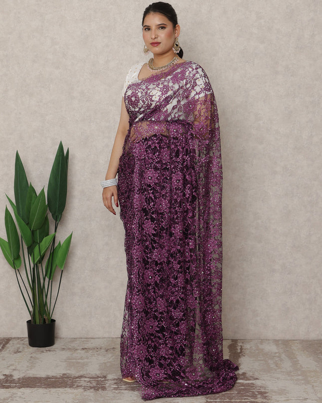 Deep Plum Premium French Chantilly Lace Saree with Stone Work, 5.5 Mtrs Length, 110 Cms Width, Made in France-D24432