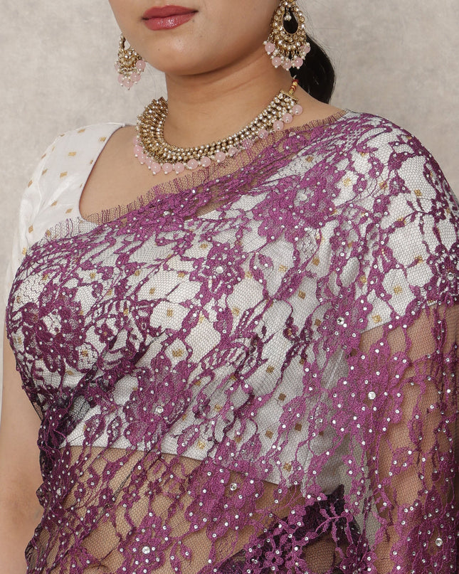 Deep Plum Premium French Chantilly Lace Saree with Stone Work, 5.5 Mtrs Length, 110 Cms Width, Made in France-D24432