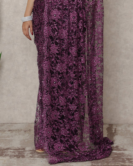 Deep Plum Premium French Chantilly Lace Saree with Stone Work, 5.5 Mtrs Length, 110 Cms Width, Made in France-D24432