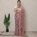 Dusty Rose Premium French Chantilly Lace Saree with Stone Work, 5.5 Mtrs Length, 110 Cms Width, Made in France-D24433