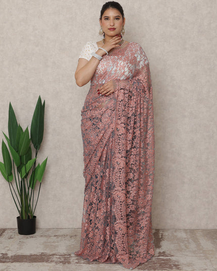 Dusty Rose Premium French Chantilly Lace Saree with Stone Work, 5.5 Mtrs Length, 110 Cms Width, Made in France-D24433