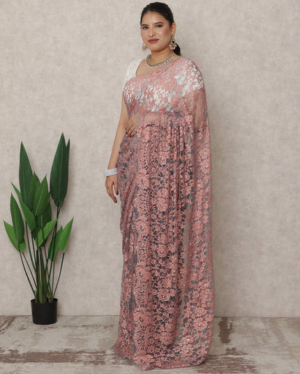 Dusty Rose Premium French Chantilly Lace Saree with Stone Work, 5.5 Mtrs Length, 110 Cms Width, Made in France-D24433