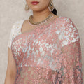 Dusty Rose Premium French Chantilly Lace Saree with Stone Work, 5.5 Mtrs Length, 110 Cms Width, Made in France-D24433