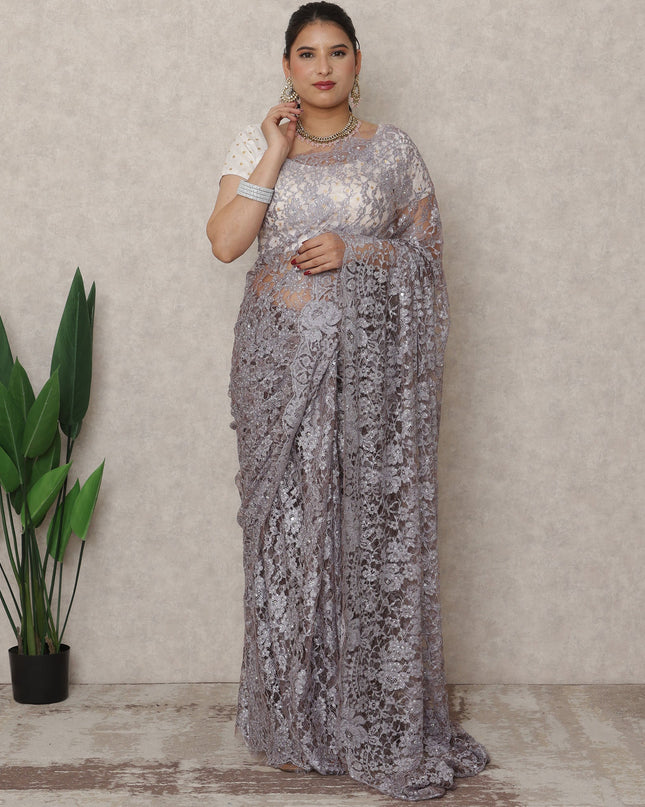 Lilac Grey Premium French Chantilly Lace Saree with Stone Work, 5.5 Mtrs Length, 110 Cms Width, Made in France-D24435